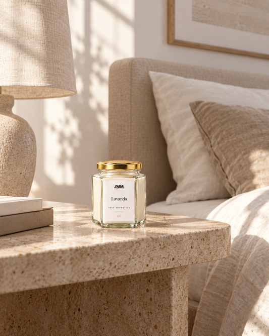 Vela aromática Lavanda ZAEVA en decoración de salón