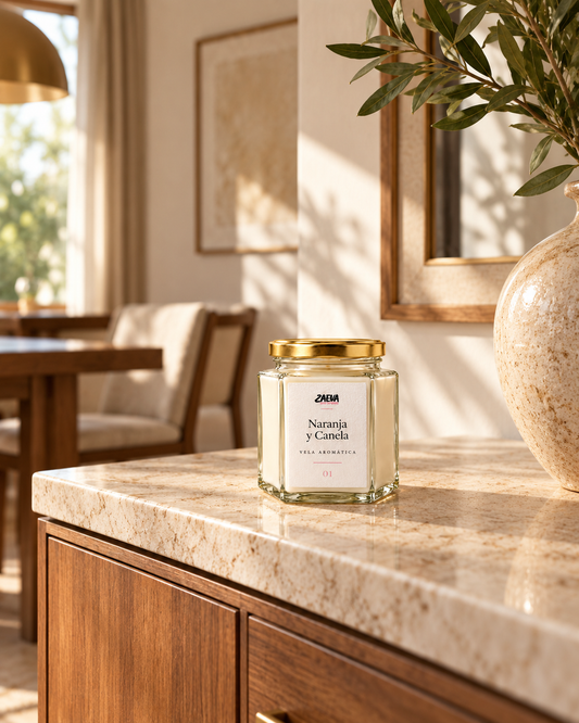 Vela aromática Naranja y Canela ZAEVA en decoración de salón