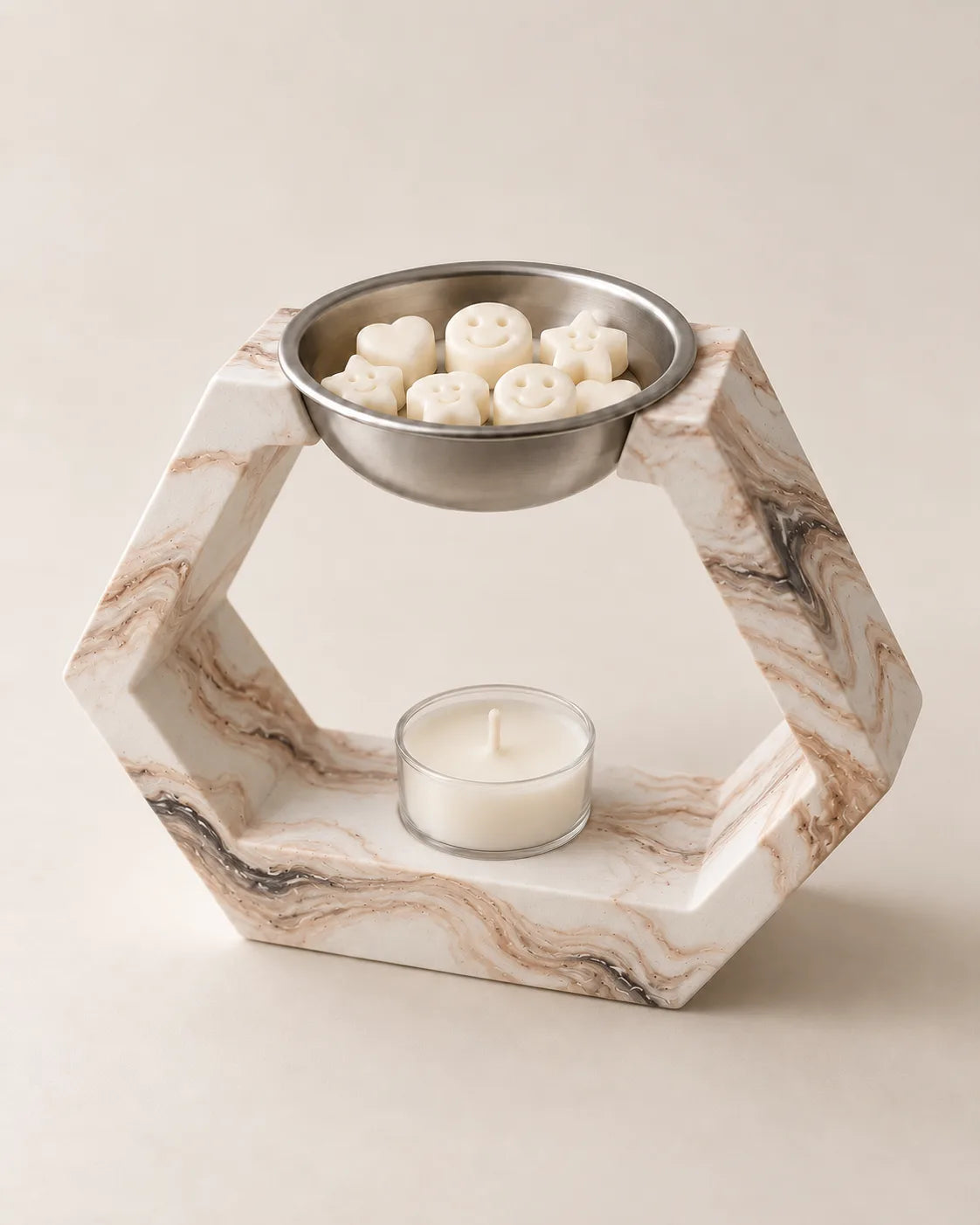 Quemador escultural ZAEVA Arco en resina marmoleada, hexagonal, con wax melts y vela de té