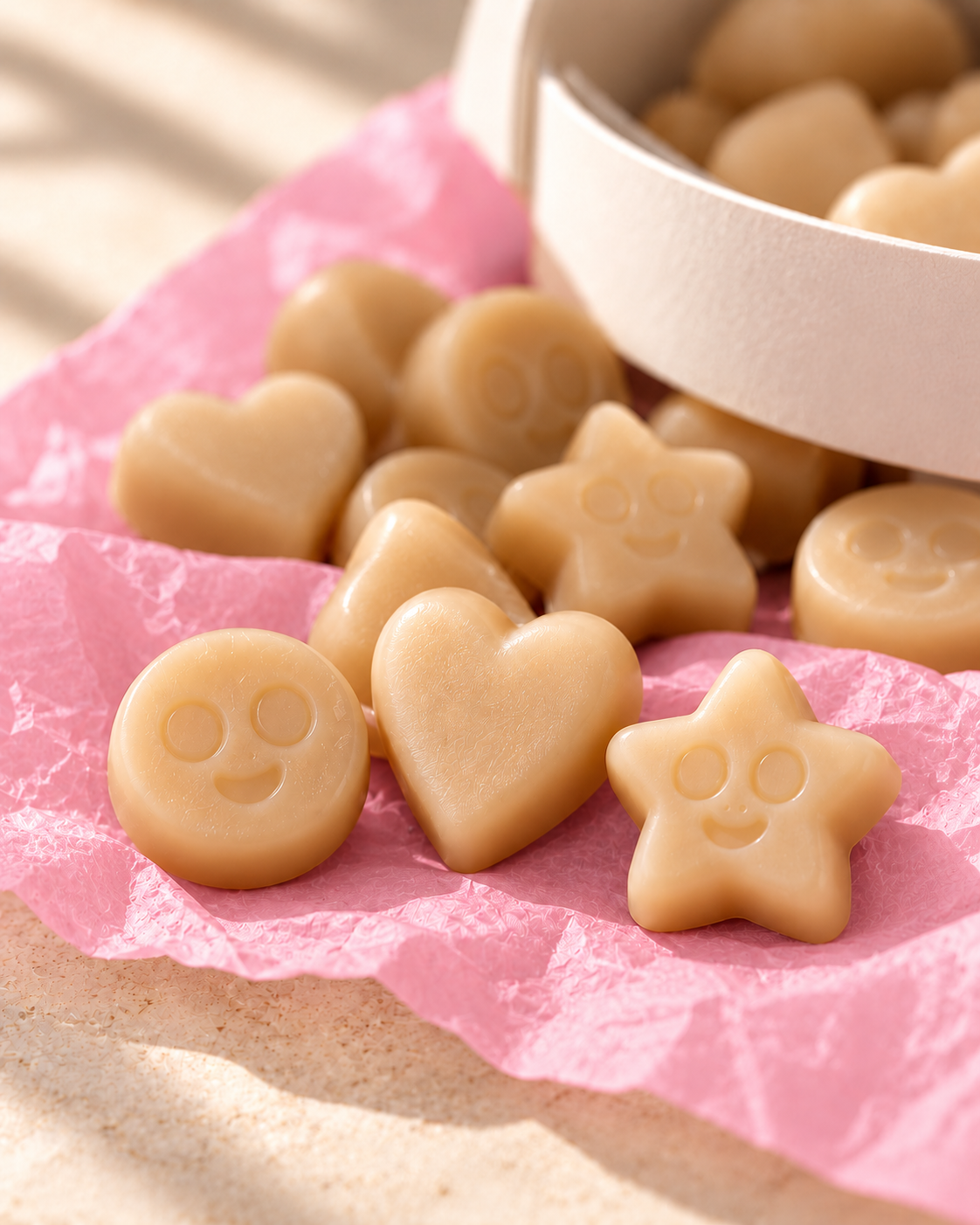 Detalle de los wax melts Manzana Caramelizada de ZAEVA: corazones, estrellas y caritas de cera de soja