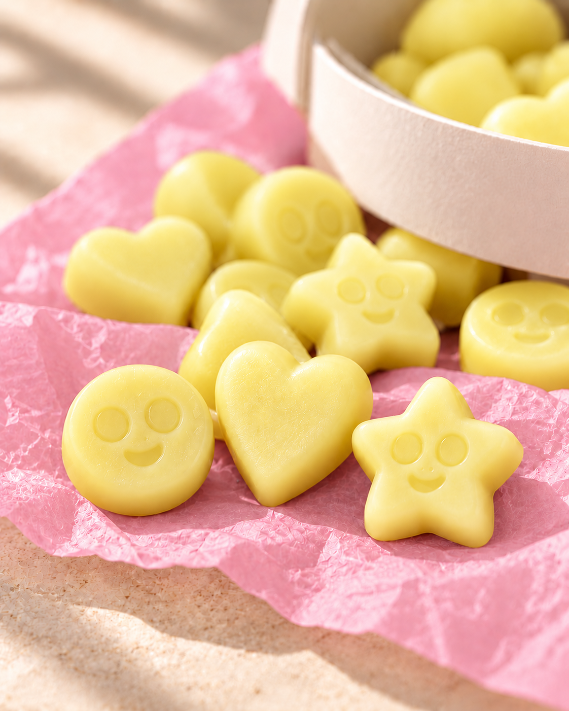 Detalle de los wax melts Mousse de Limón de ZAEVA: corazones, estrellas y caritas de cera de soja