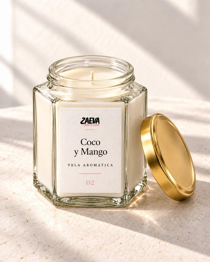 Vela ZAEVA Coco y Mango, segunda vista del envase