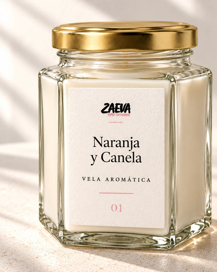 Vela ZAEVA Naranja y Canela, fotografía de detalle