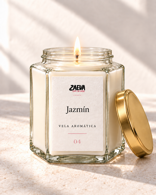 Vela aromática Jazmín ZAEVA encendida con tapa dorada