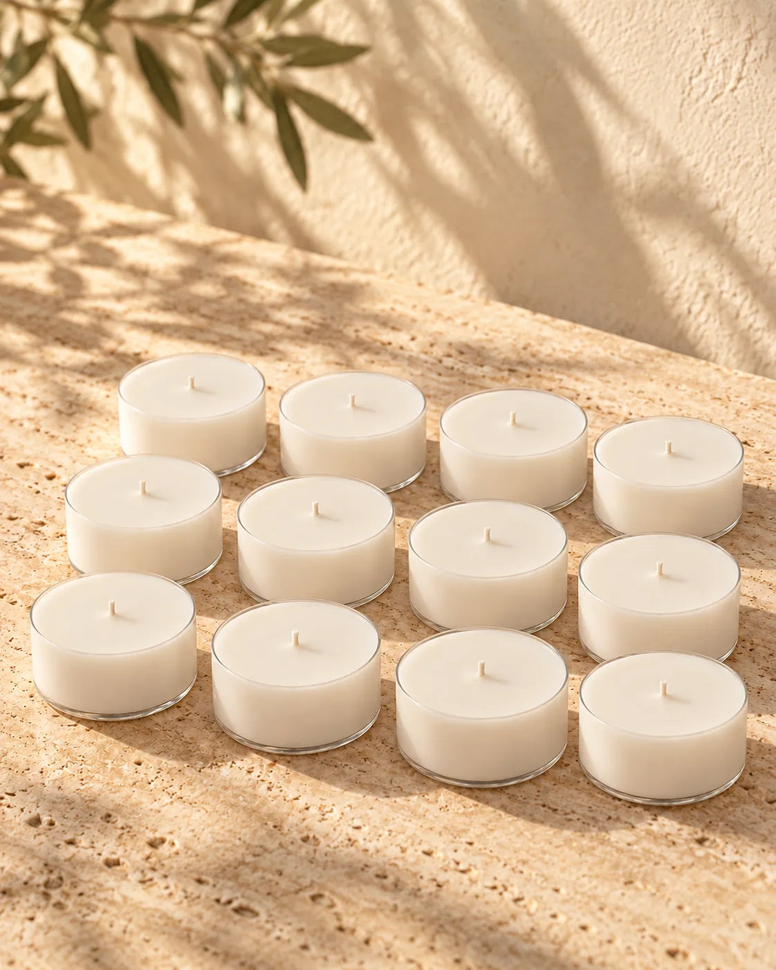 Pack de 12 velas de té ZAEVA sin aroma en recipiente transparente