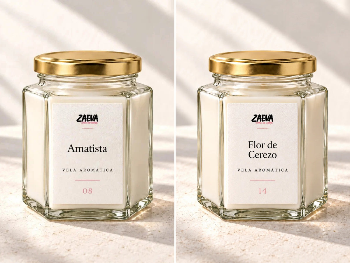 Pack 2 velas aromáticas de soja Amatista + Bambú y Flor de Cerezo (2 × 200 g)