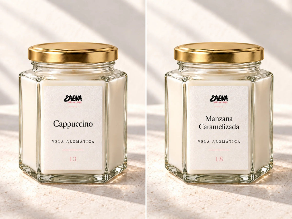 Pack 2 velas aromáticas de soja Cappuccino + Manzana Caramelizada (2 × 200 g)