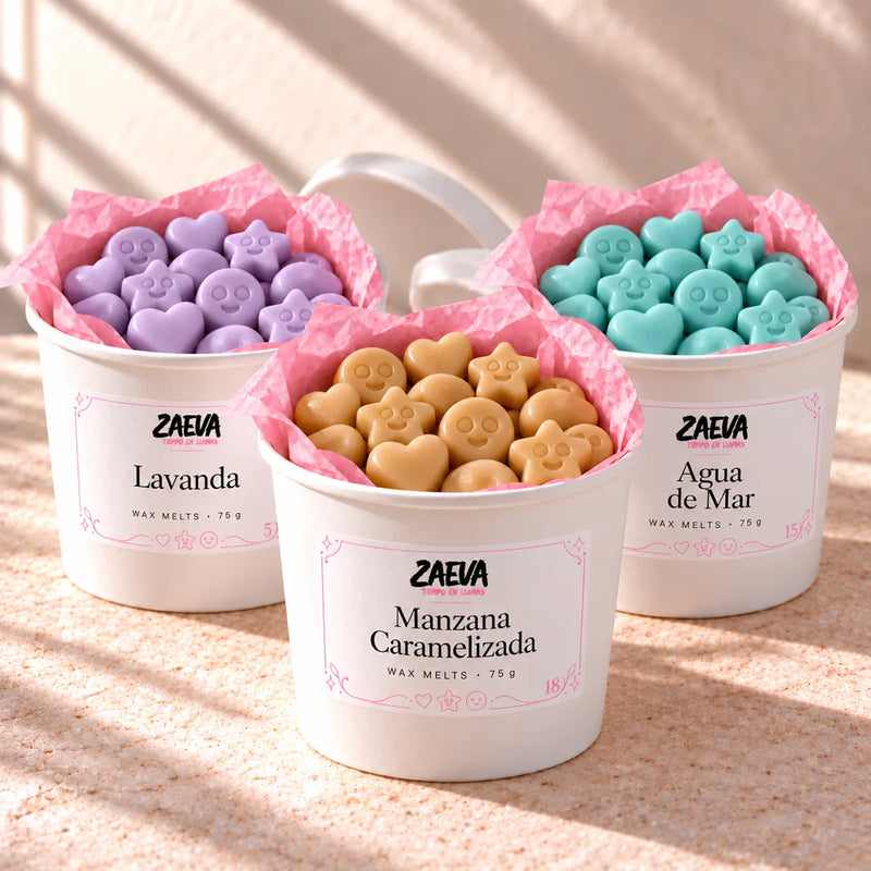 Pack de 3 wax melts de soja ZAEVA: Lavanda, Manzana Caramelizada y Agua de Mar