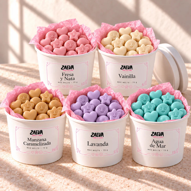 Pack de 5 wax melts de soja ZAEVA: Fresa y Nata, Vainilla, Manzana Caramelizada, Lavanda y Agua de Mar