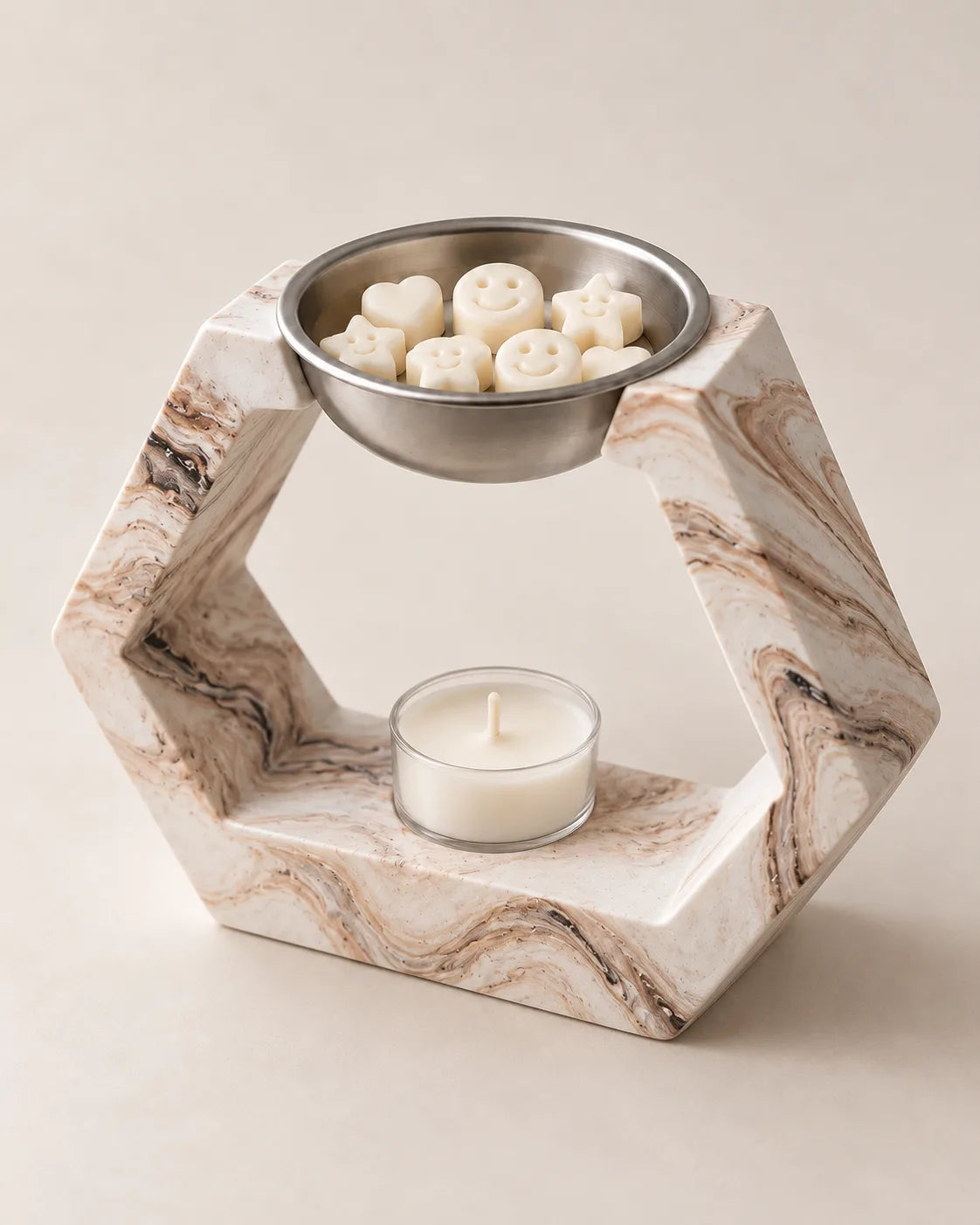 Quemador hexagonal marmoleado ZAEVA Arco visto de frente, con plato metálico extraíble