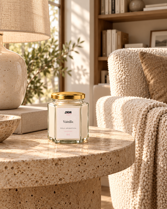 Vela aromática Vainilla ZAEVA en decoración de salón