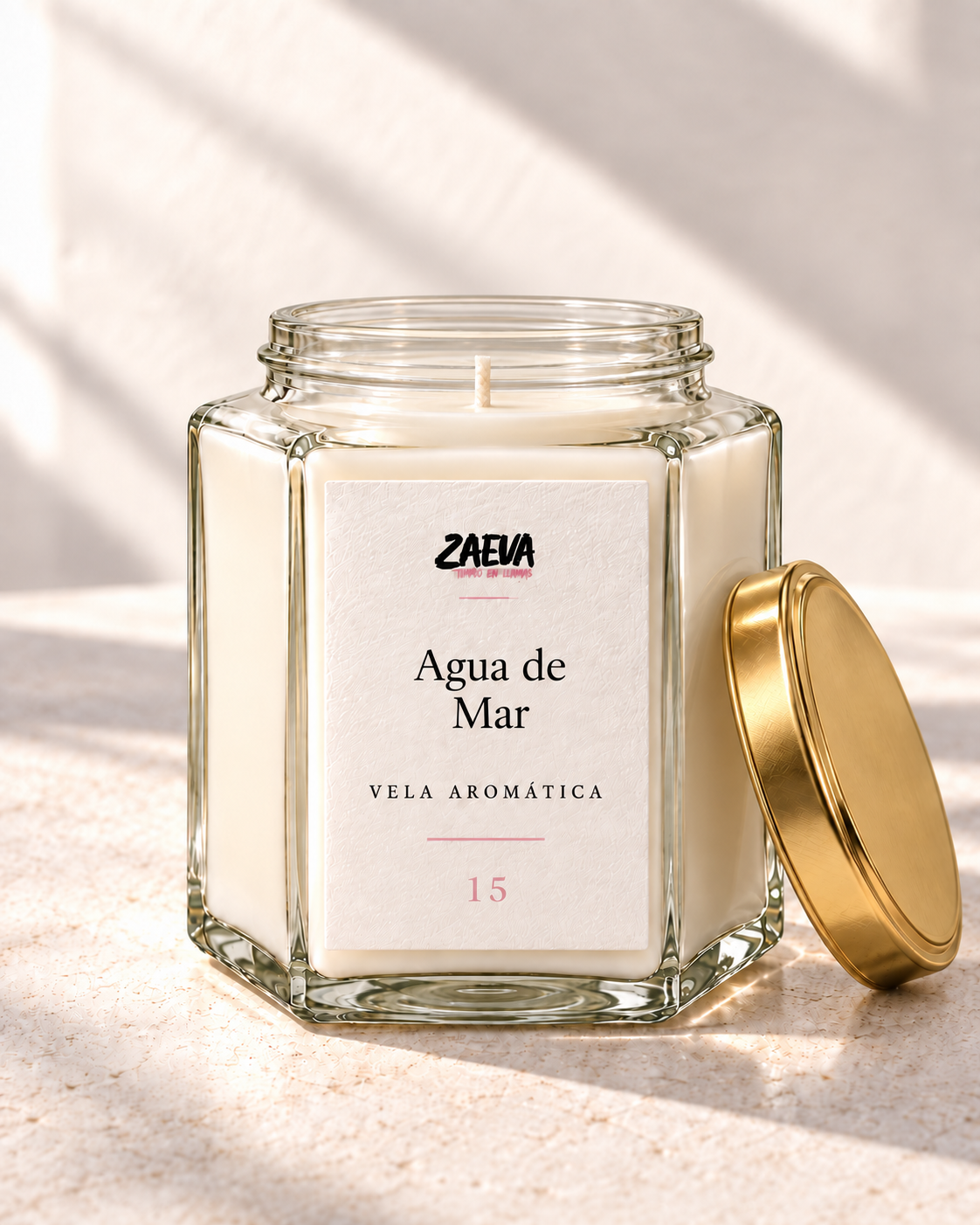 Vela aromática Agua de Mar de ZAEVA, cera de soja en tarro hexagonal de vidrio