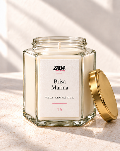 Vela aromática Brisa Marina de ZAEVA, cera de soja en tarro hexagonal de vidrio