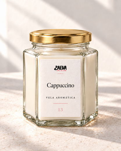 Vela aromática Cappuccino de ZAEVA con la tapa dorada puesta