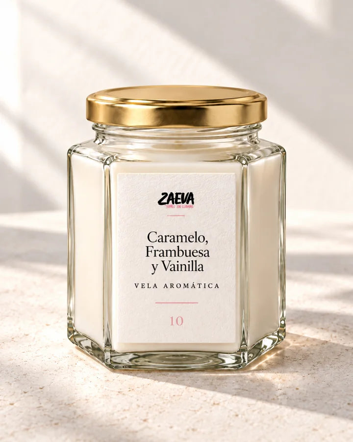 Vela aromática Caramelo, Frambuesa y Vainilla de ZAEVA, cera de soja en tarro hexagonal de vidrio con tapa dorada
