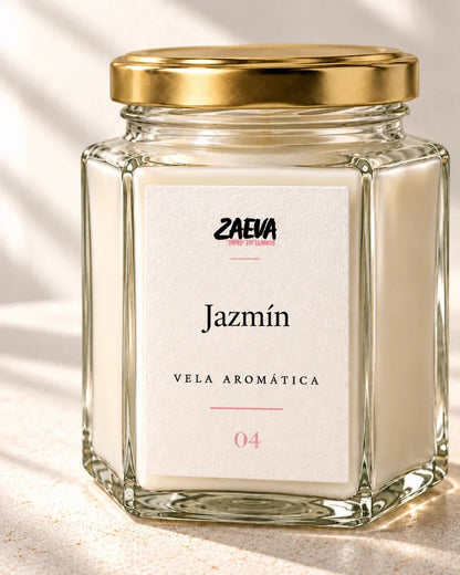 Detalle de la cera de soja y la tapa dorada de la vela aromática Jazmín de ZAEVA