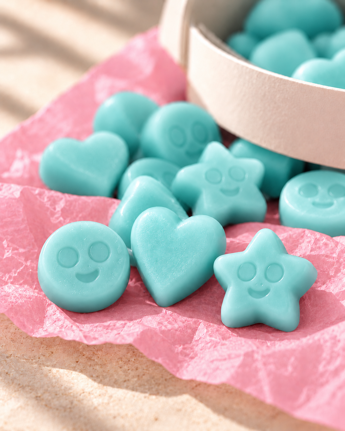 Detalle de los wax melts Agua de Mar de ZAEVA: corazones, estrellas y caritas de cera de soja