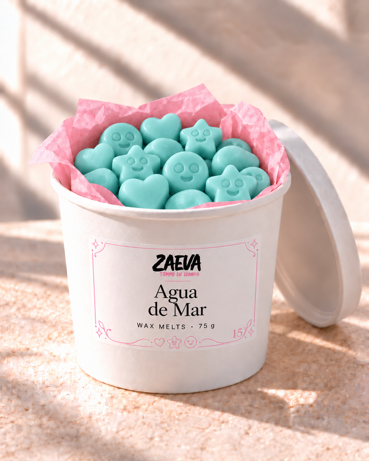 Wax melts Agua de Mar de ZAEVA en su envase de 75 g con etiqueta
