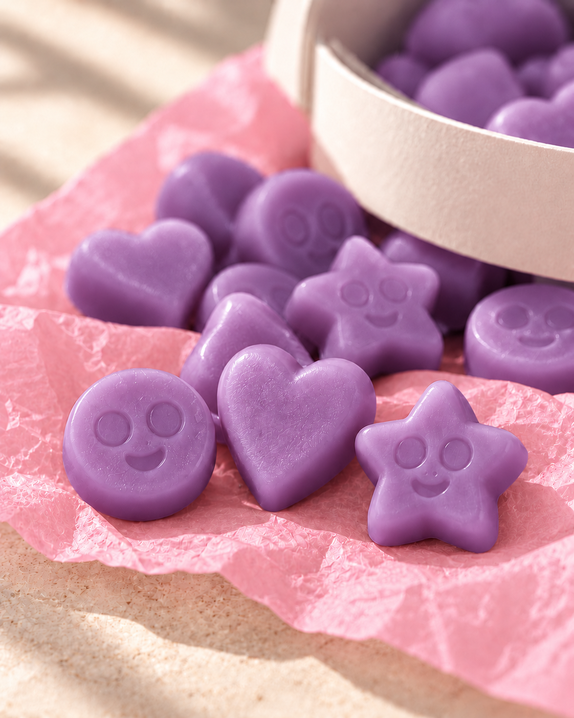 Detalle de los wax melts Amatista de ZAEVA: corazones, estrellas y caritas de cera de soja