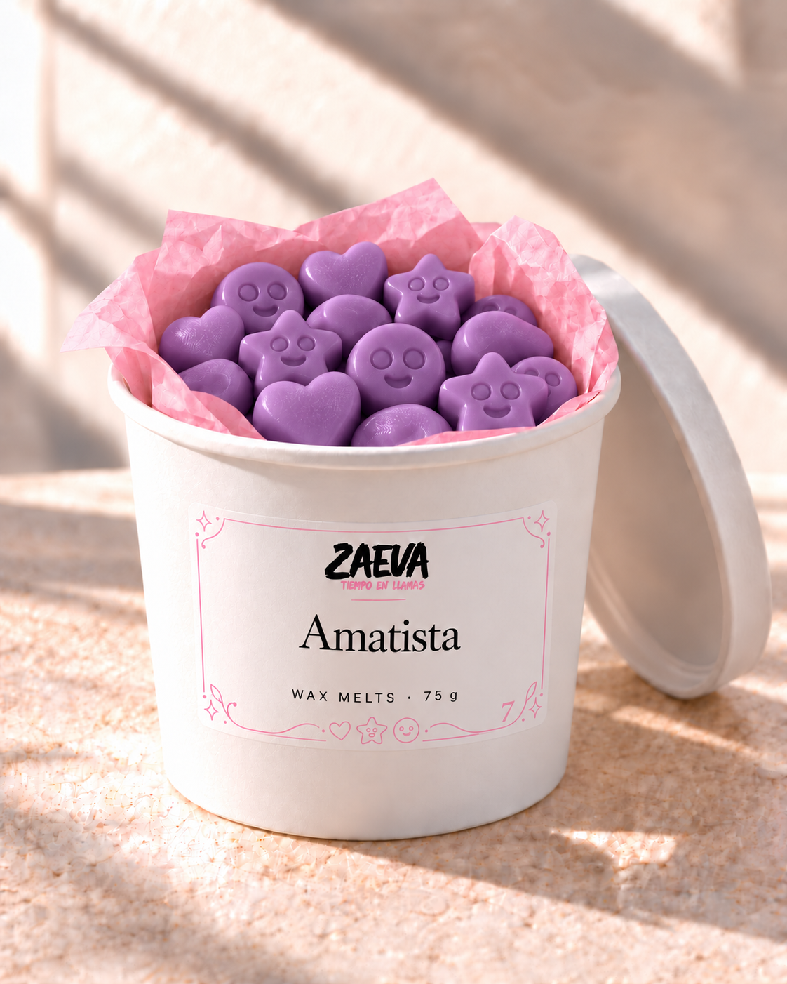 Wax melts Amatista de ZAEVA en su envase de 75 g con etiqueta