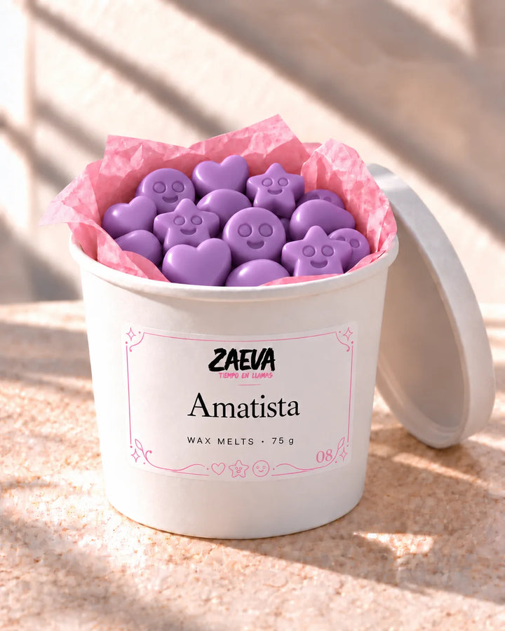 Wax melts Amatista de ZAEVA en su envase de 75 g con etiqueta