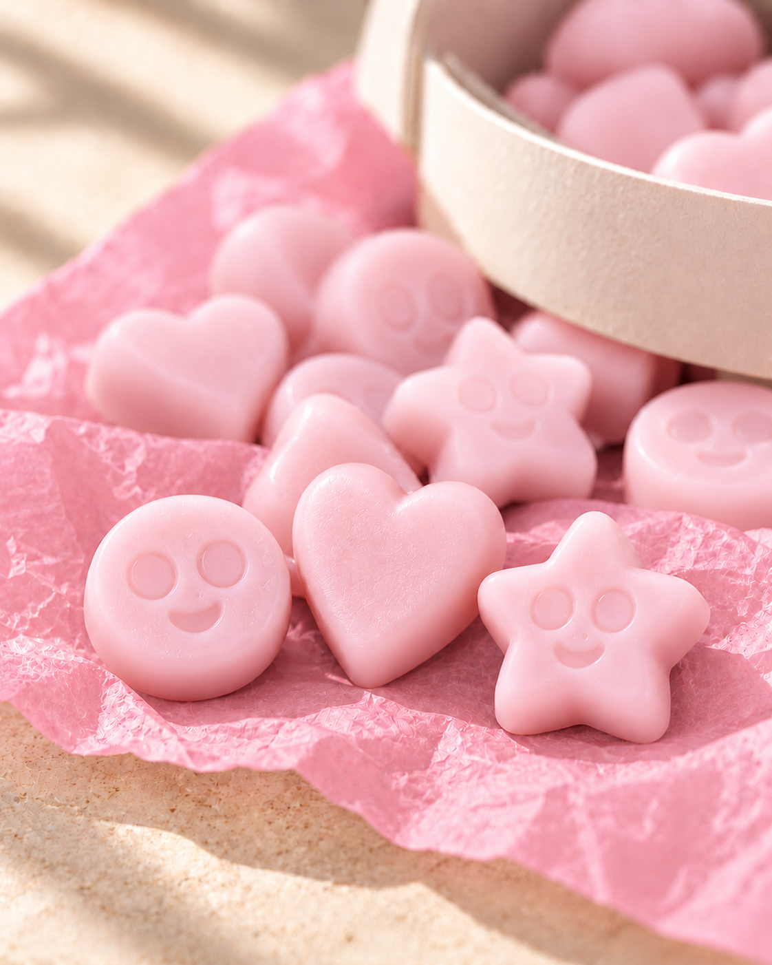 Detalle de los wax melts Bambú y Flor de Cerezo de ZAEVA: corazones, estrellas y caritas de cera de soja