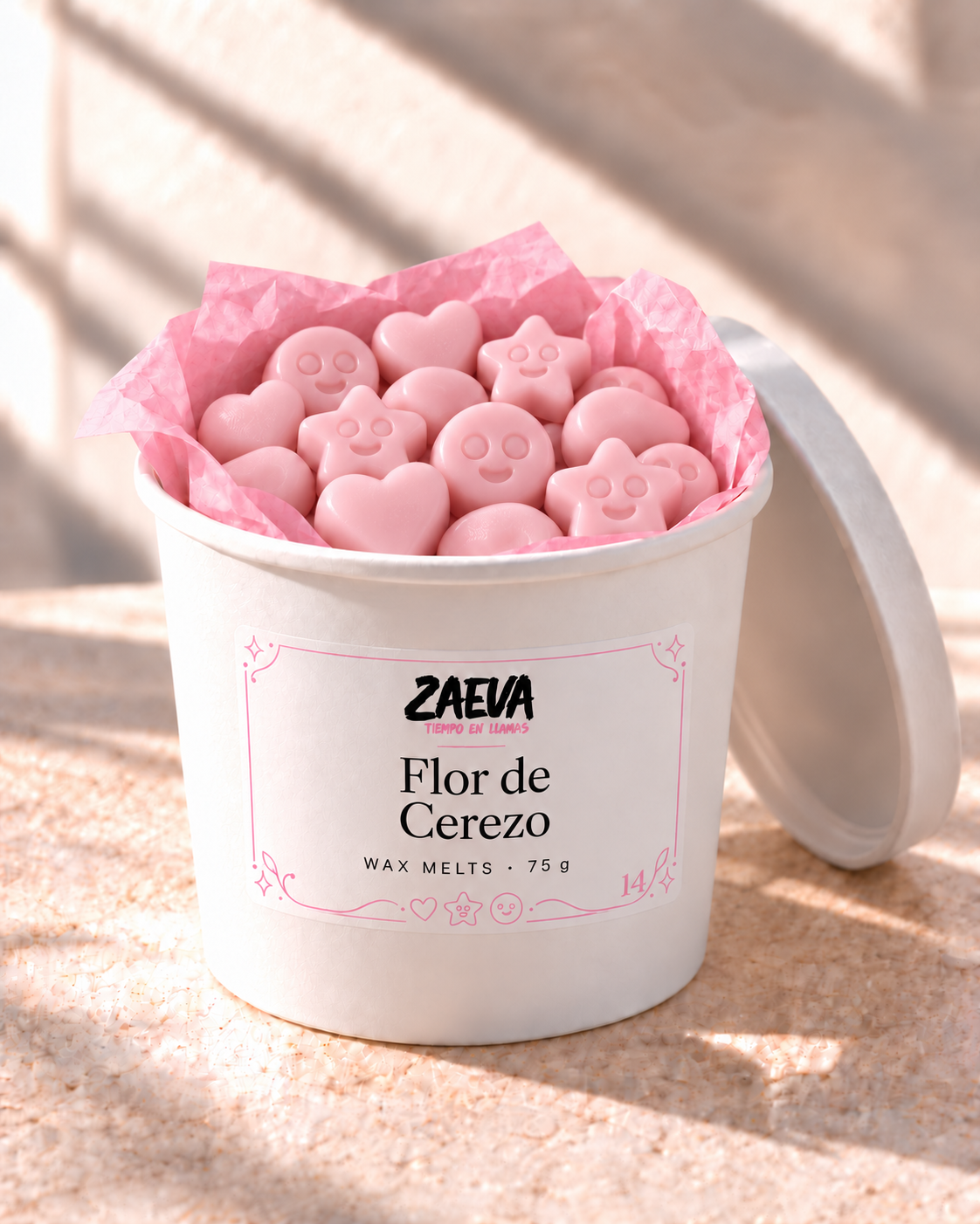 Wax melts Bambú y Flor de Cerezo de ZAEVA en su envase de 75 g con etiqueta