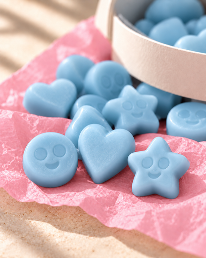 Detalle de los wax melts Brisa Marina de ZAEVA: corazones, estrellas y caritas de cera de soja