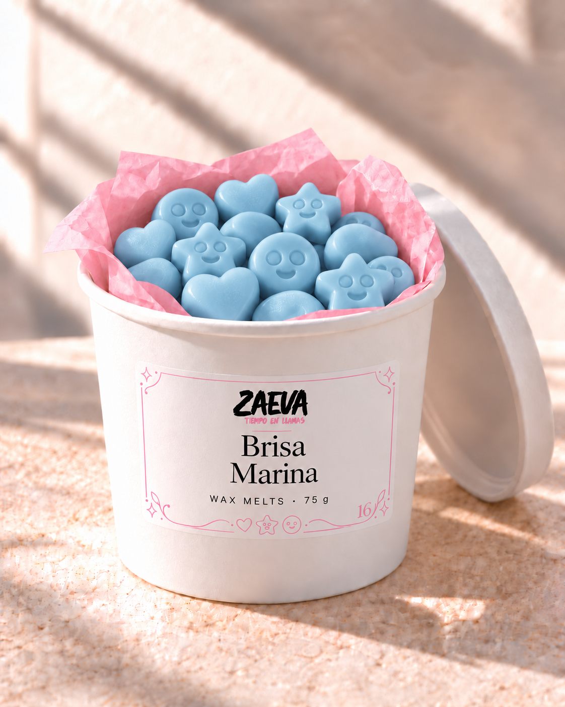 Wax melts Brisa Marina de ZAEVA en su envase de 75 g con etiqueta