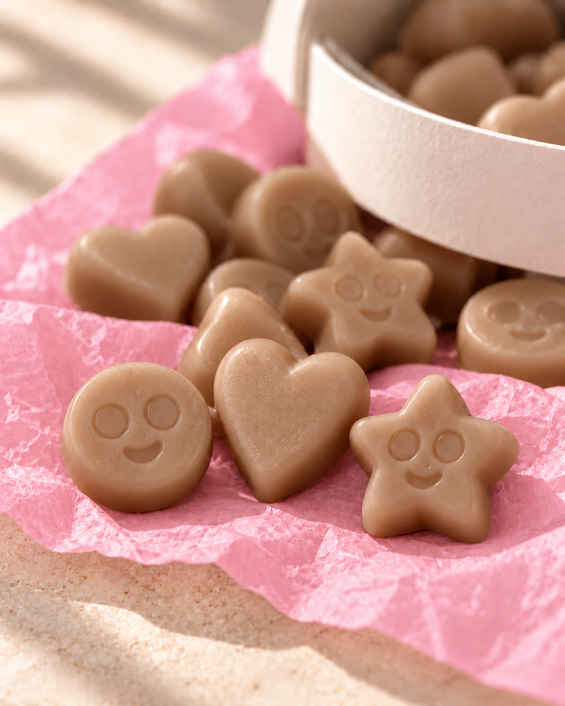 Detalle de los wax melts Cappuccino de ZAEVA: corazones, estrellas y caritas de cera de soja