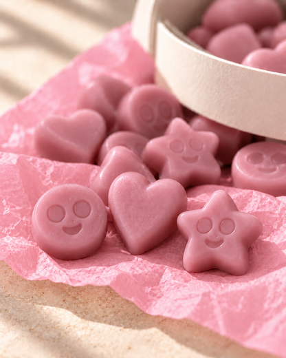 Detalle de los wax melts Caramelo, Frambuesa y Vainilla de ZAEVA: corazones, estrellas y caritas de cera de soja
