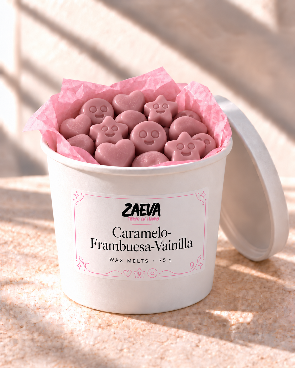 Wax melts Caramelo, Frambuesa y Vainilla de ZAEVA en su envase de 75 g con etiqueta