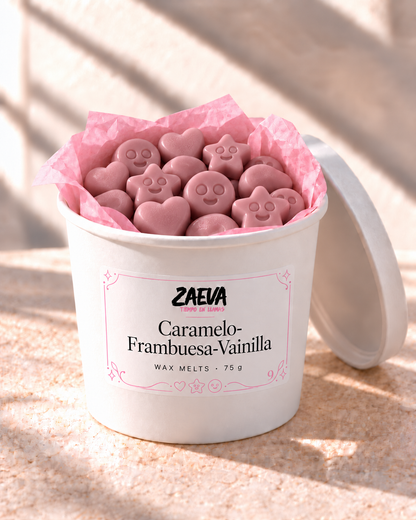 Wax melts Caramelo, Frambuesa y Vainilla de ZAEVA en su envase de 75 g con etiqueta