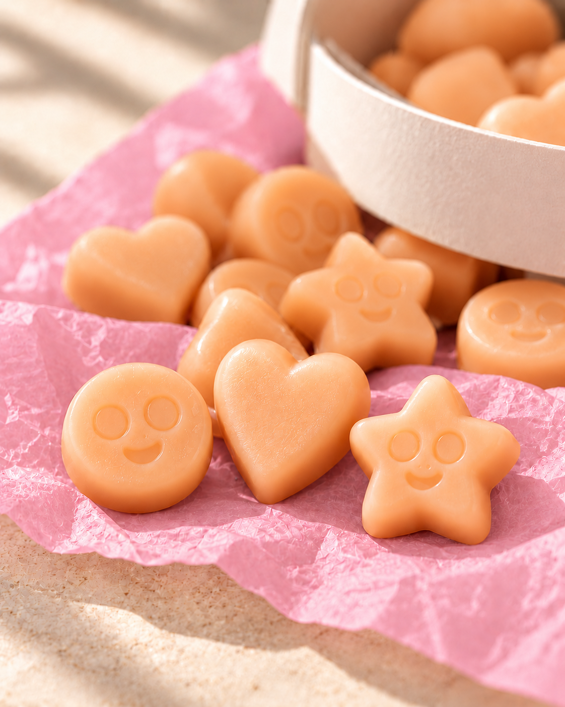 Detalle de los wax melts Coco y Mango de ZAEVA: corazones, estrellas y caritas de cera de soja