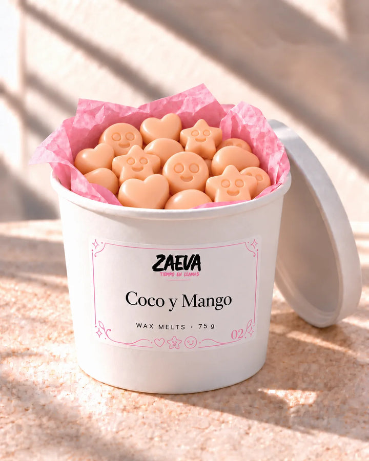 Wax melts Coco y Mango de ZAEVA en su envase de 75 g con etiqueta