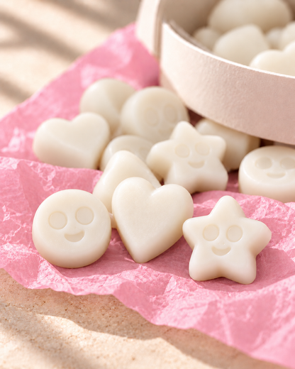 Detalle de los wax melts Entre Sábanas de ZAEVA: corazones, estrellas y caritas de cera de soja