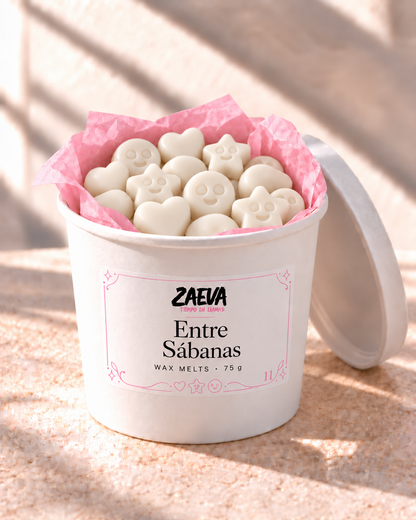 Wax melts Entre Sábanas de ZAEVA en su envase de 75 g con etiqueta