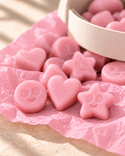 Detalle de los wax melts Fresa y Nata de ZAEVA: corazones, estrellas y caritas de cera de soja