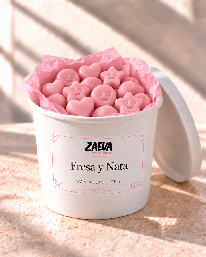 Wax melts Fresa y Nata de ZAEVA en su envase de 75 g con etiqueta