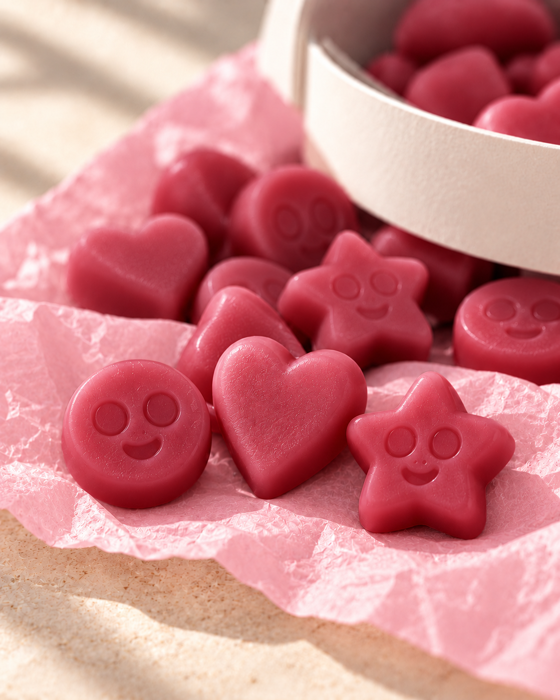 Detalle de los wax melts Frutos Rojos de ZAEVA: corazones, estrellas y caritas de cera de soja