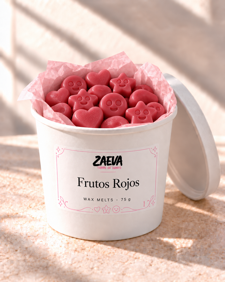 Wax melts Frutos Rojos de ZAEVA en su envase de 75 g con etiqueta