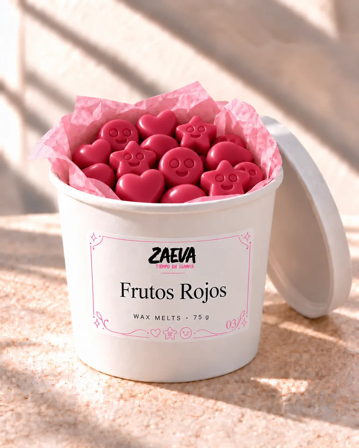 Wax melts Frutos Rojos de ZAEVA en su envase de 75 g con etiqueta