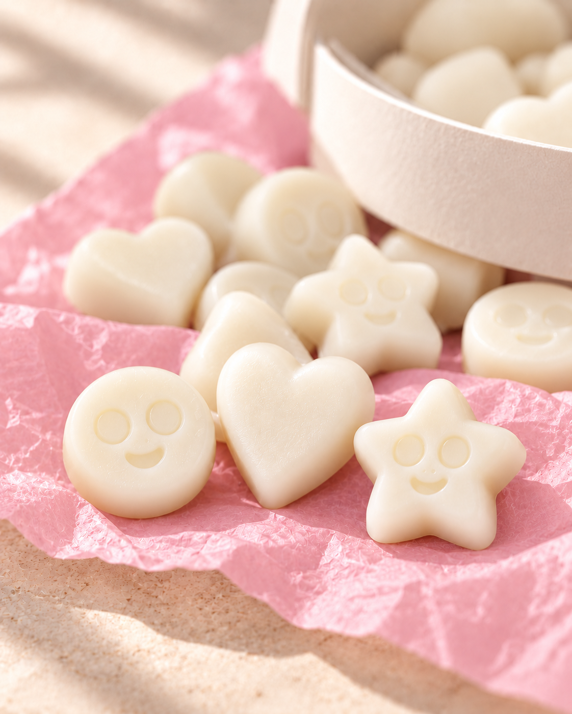 Detalle de los wax melts Jazmín de ZAEVA: corazones, estrellas y caritas de cera de soja