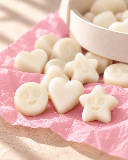 Detalle de los wax melts Jazmín de ZAEVA: corazones, estrellas y caritas de cera de soja
