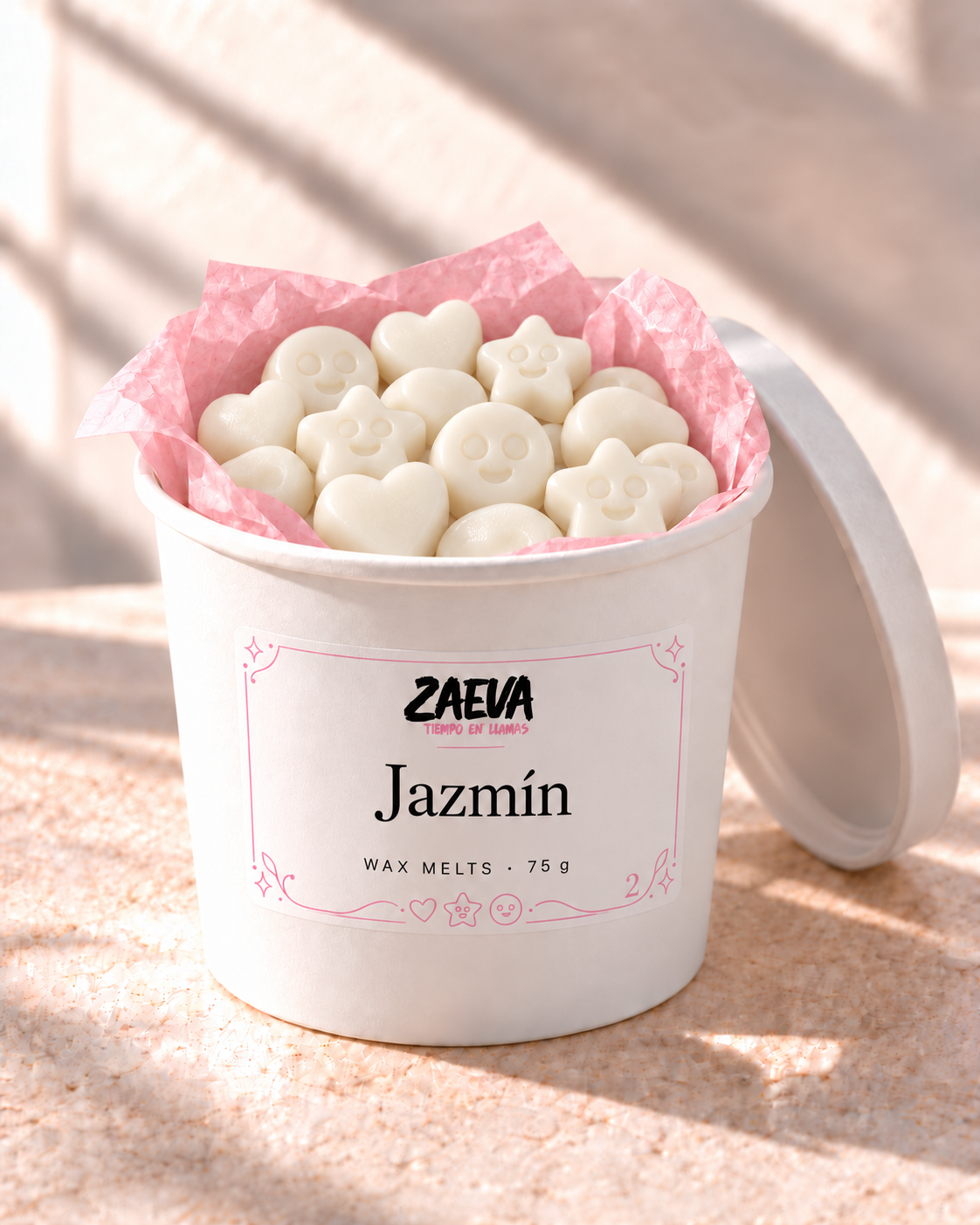 Wax melts Jazmín de ZAEVA en su envase de 75 g con etiqueta
