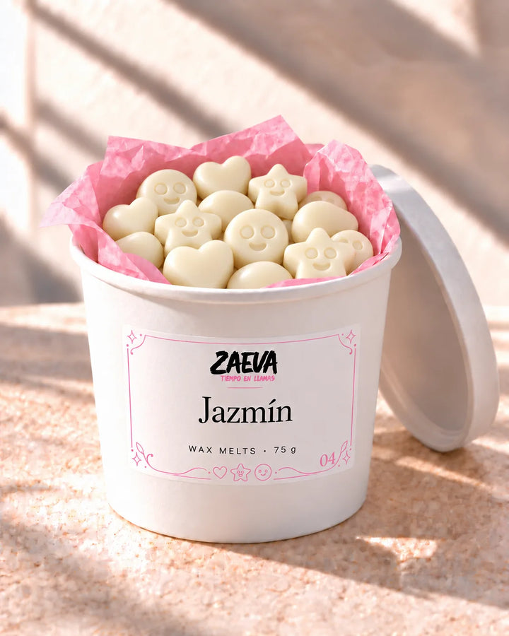 Wax melts Jazmín de ZAEVA en su envase de 75 g con etiqueta