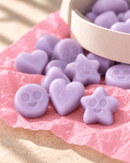 Detalle de los wax melts Lavanda de ZAEVA: corazones, estrellas y caritas de cera de soja