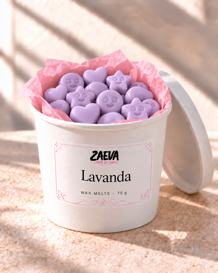 Wax melts Lavanda de ZAEVA en su envase de 75 g con etiqueta
