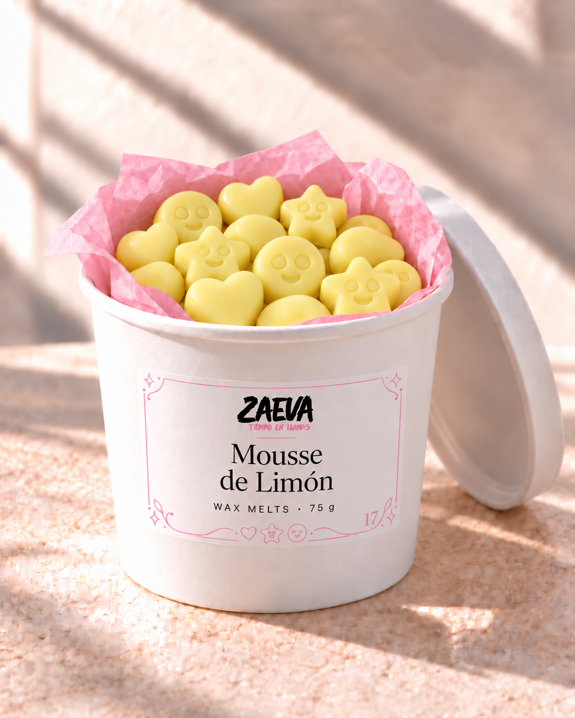 Wax melts Mousse de Limón de ZAEVA en su envase de 75 g con etiqueta