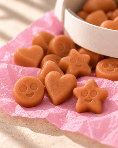 Detalle de los wax melts Naranja y Canela de ZAEVA: corazones, estrellas y caritas de cera de soja